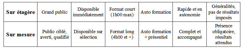 Différences entre une formation étagère et sur mesure